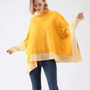 P.Luca Milano Striped Yellow Mock Neck Sweater Poncho - L